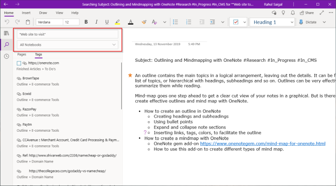 search your tagged notes in OneNote app