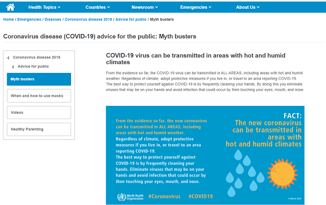 who myths website for coronavirus