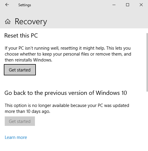 windows 10 reset this pc