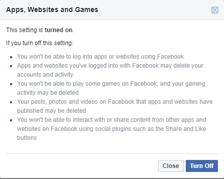 Facebook отключить доступ к веб-сайту приложения