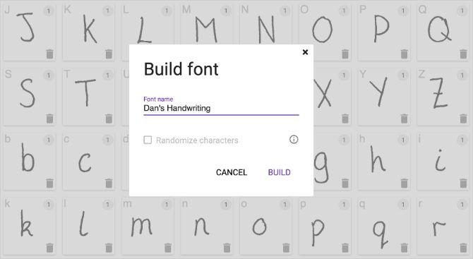 Build Font window to create custom handwriting font