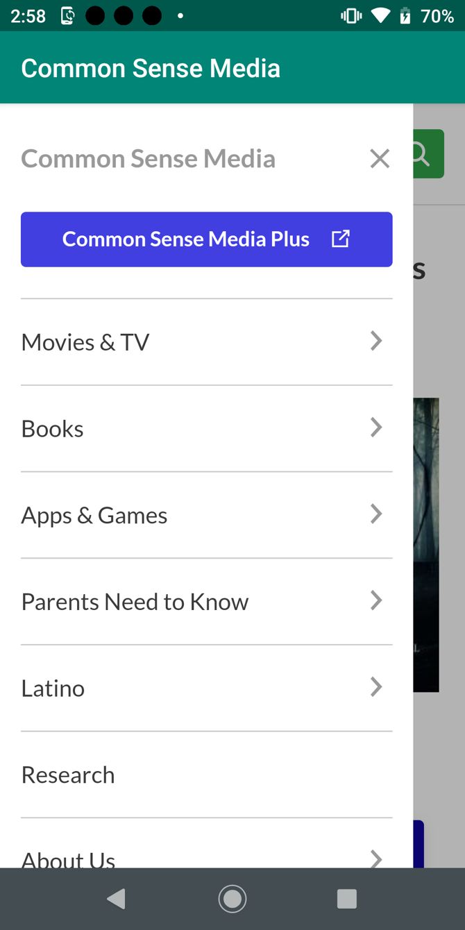 Common Sense Media Menu on Android