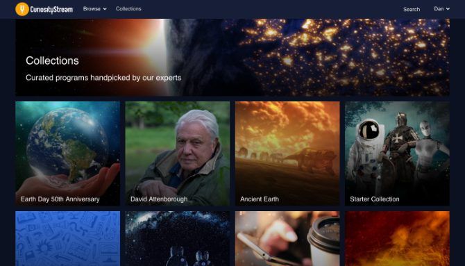CuriosityStream collections screen showing curated shows