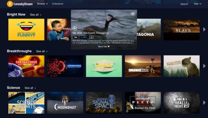 CuriosityStream home screen showing selection of shows to watch