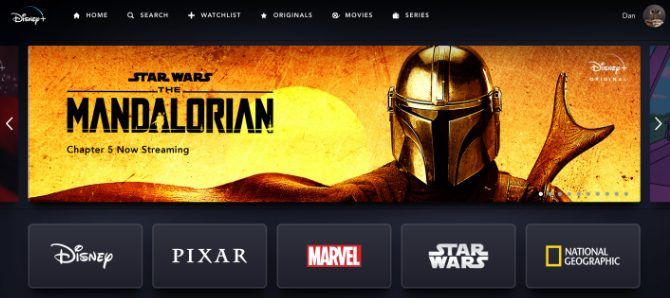 Disney+ home screen with franchise buttons and banner