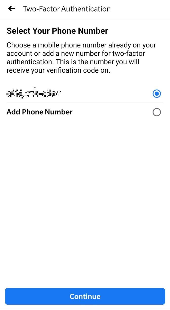 Select your phone number while setting up two-factor authentication in the Facebook Android app