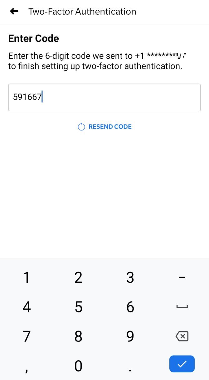 Enter a 6-digit code to confirm your phone number for two-factor authentication in Facebook Mobile