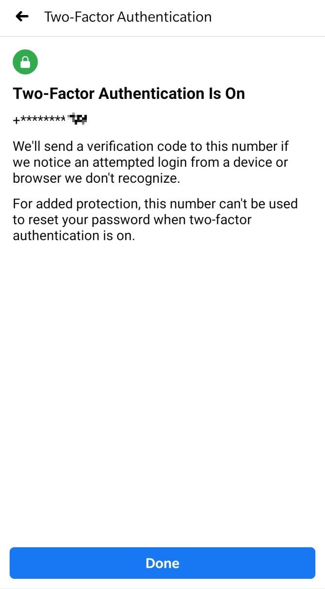 Confirmation that two-factor authentication was enabled for a specific phone number