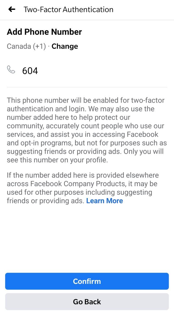 Add a new phone number for two-factor authentication on the Facebook mobile app