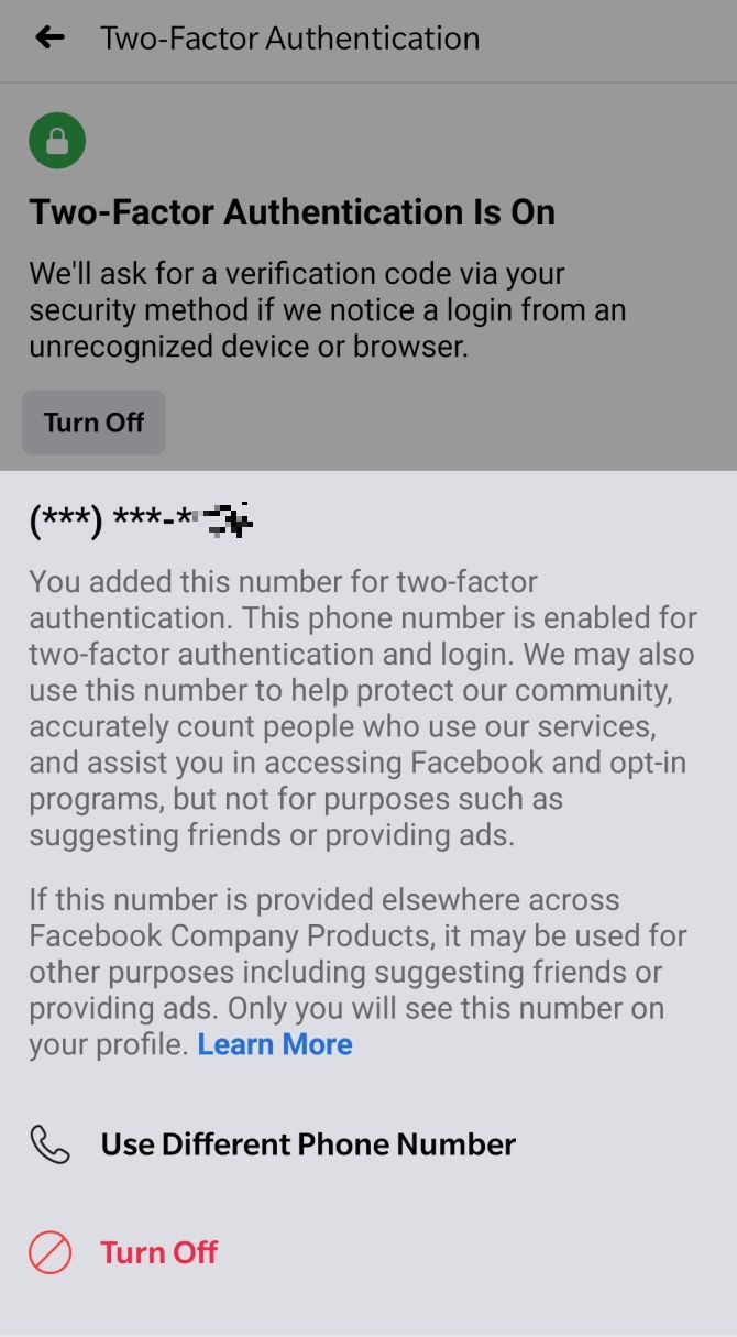 explanation of what Facebook can do with a phone number provided for two-factor authentication