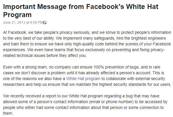 The Facebook post reporting the initial leak of shadow profiles