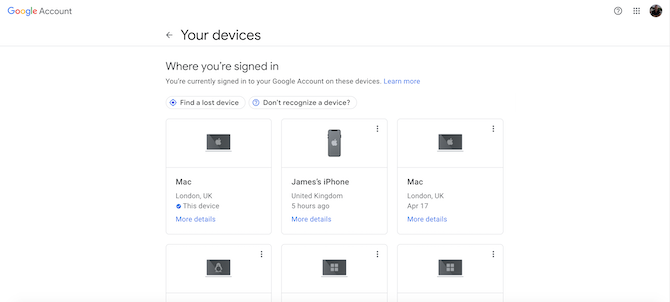 Google Account Devices management settings