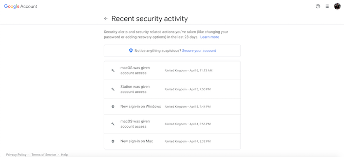 Google Account Recent Security Activity