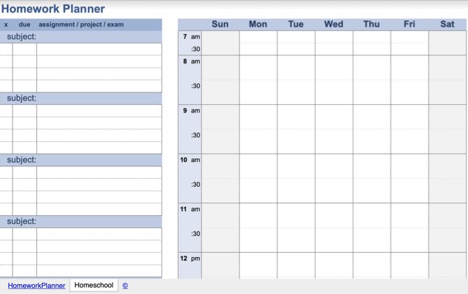 Homeschool Homework Planner Spreadsheet Template