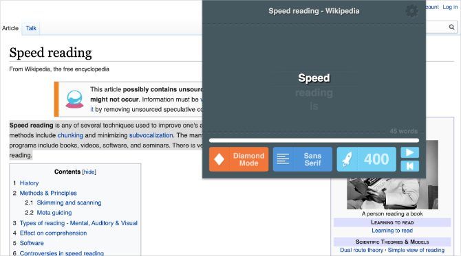 Read Fast Chrome extension window