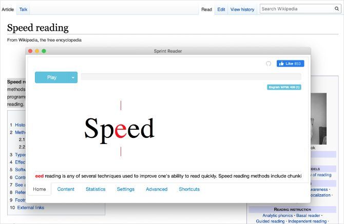 Sprint Reader speed-reader extension window from Chrome