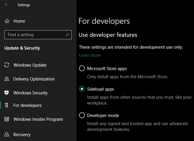 Windows 10 Developer App Setting