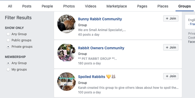facebook groups filters