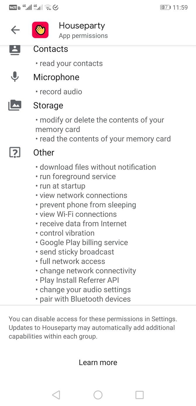 houseparty permissions google play store
