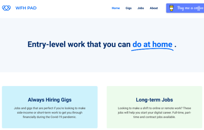 WFH Pad lists short-term gigs and long-term jobs for entry-level remote workers
