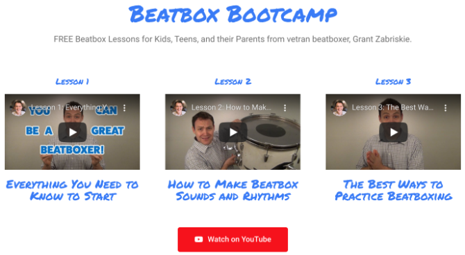 At Beatbox Bootcamp, Grant Zabriskie teaches you how to beatbox for free in three YouTube video lessons