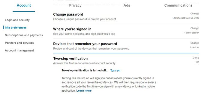 linkedin two factor authentication