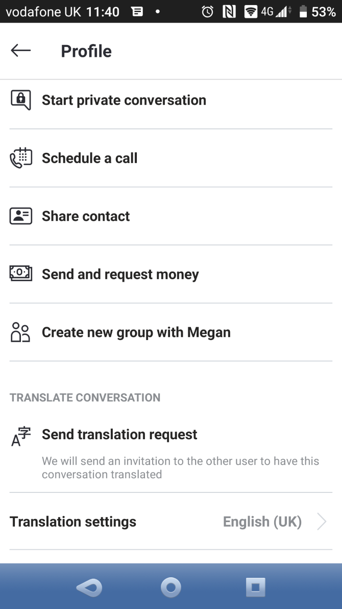 Use a contact's profile to make calls, create new groups, even send money on Skype