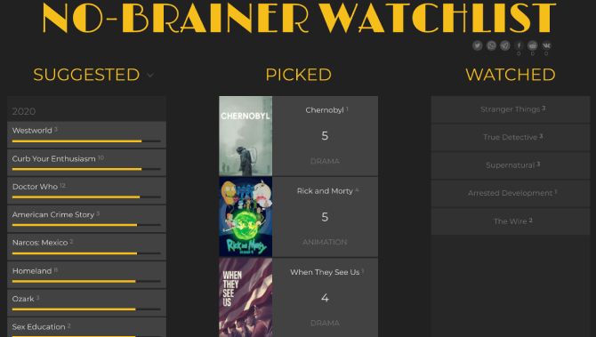 No Brainer Watchlist gives you a Trello-like kanban board to filter and sort TV shows to watch