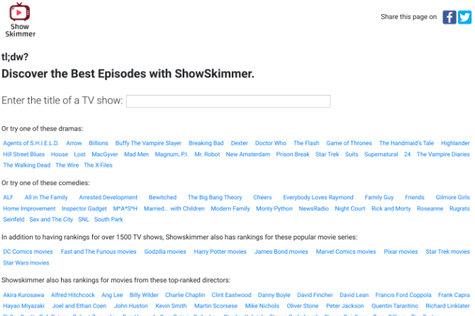 Show Skimmer lists the top five or top ten episodes of any TV show
