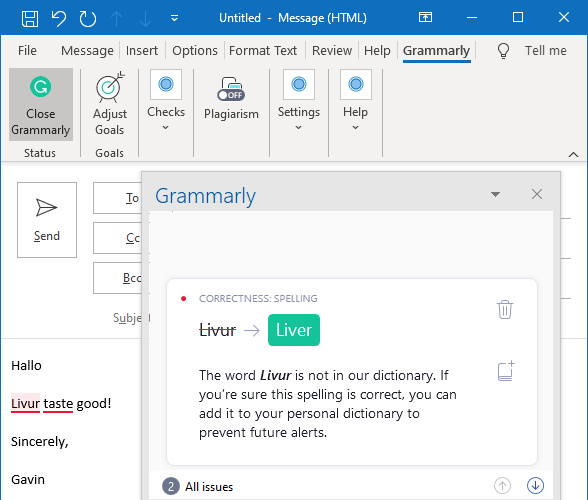 outlook grammarly check