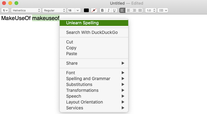 Unlearn Spelling menu item in TextEdit on macOS