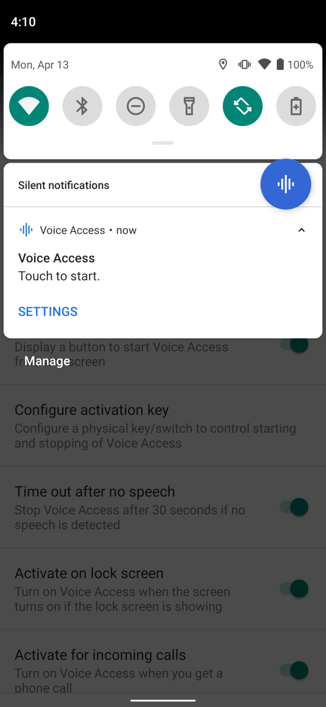 voice access notifications menu drop down