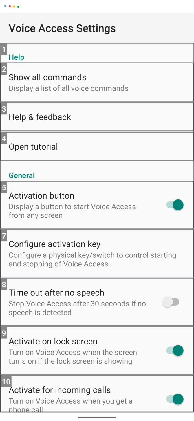 voice access settings menu