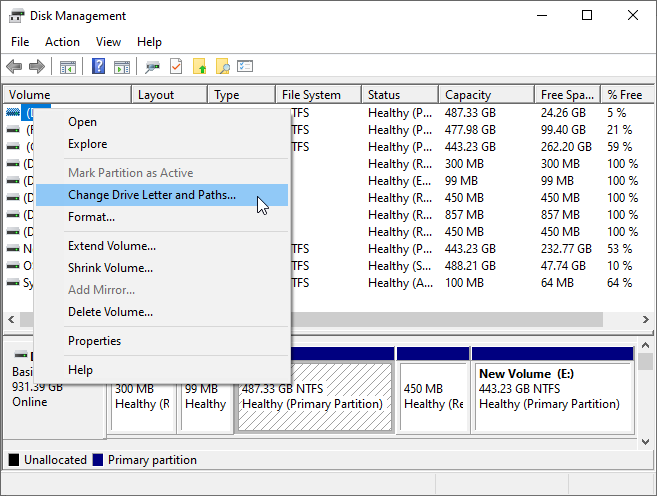 windows disk management change drive letter