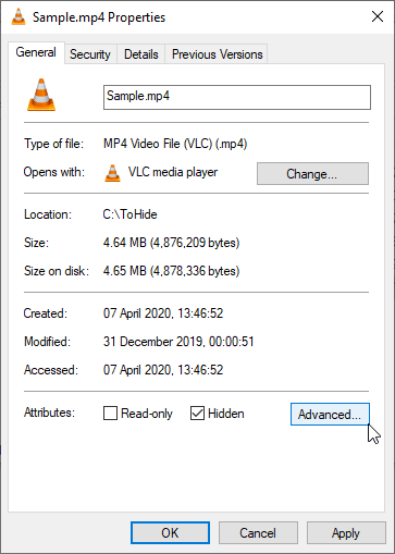 windows file properties toggle hidden