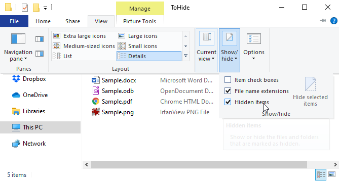 windows hidden items explorer option