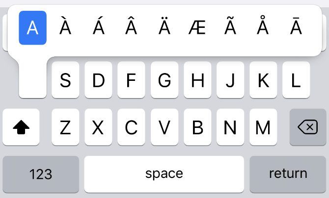 Alternate characters for letter A on iPhone keyboard