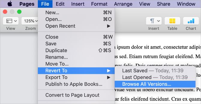 Browse All Versions options from Pages menu bar