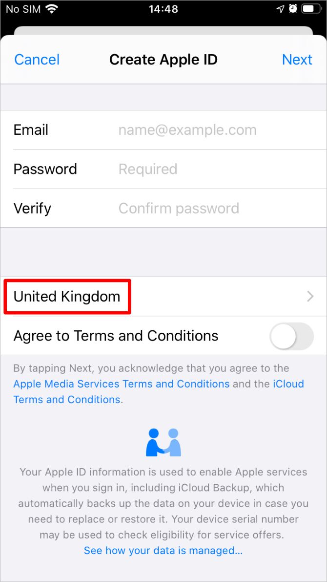 Country selection for new Apple ID account