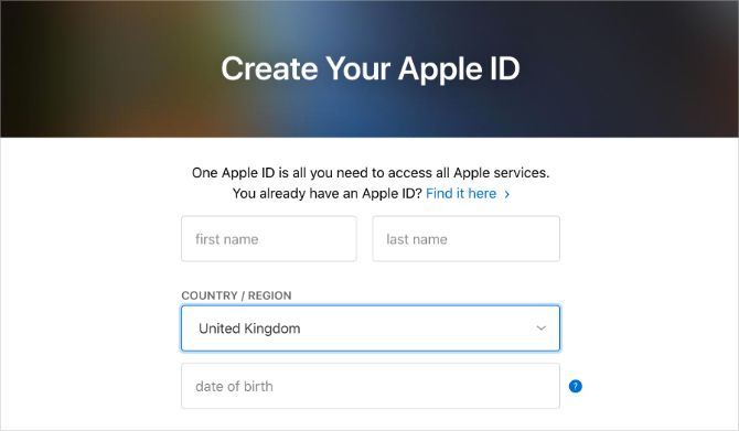 Create Your Apple ID website with Country selected