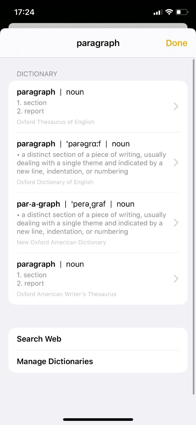 Dictionary definition on iPhone