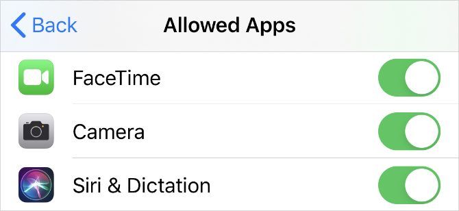 FaceTime and Camera options in Allowed Apps settings