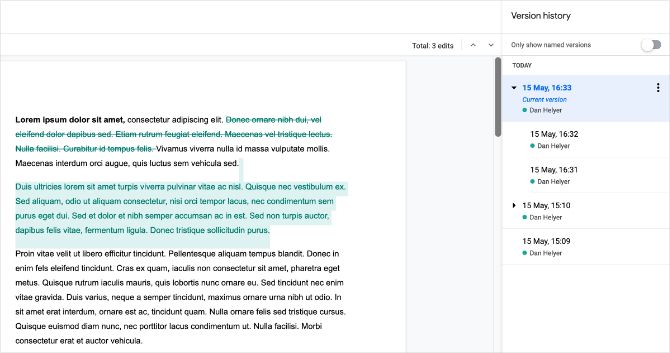 Google Docs version history showing colored edits