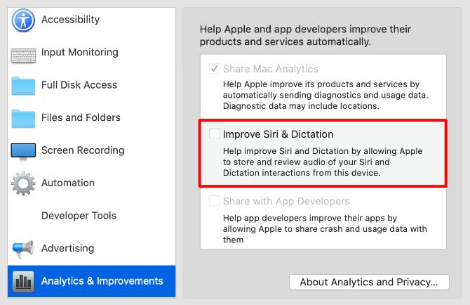 Improve Siri & Dictation option in Privacy System Preferences