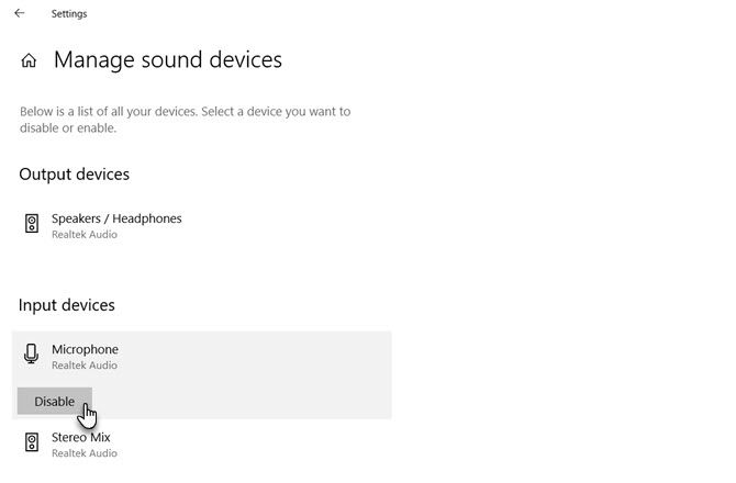 Manage sound devices screen Windows 10