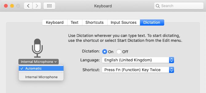 Microphone selection from Dictation System Preferences