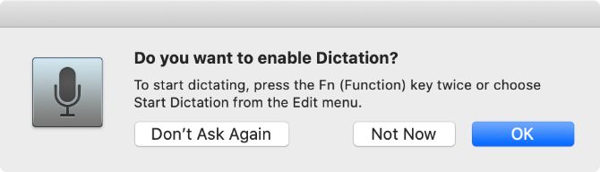 Popup window for enabling Dictation on a Mac