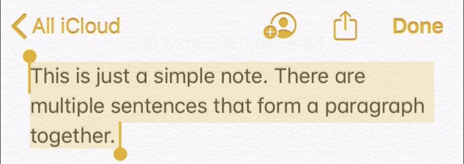 Selected text in Notes app
