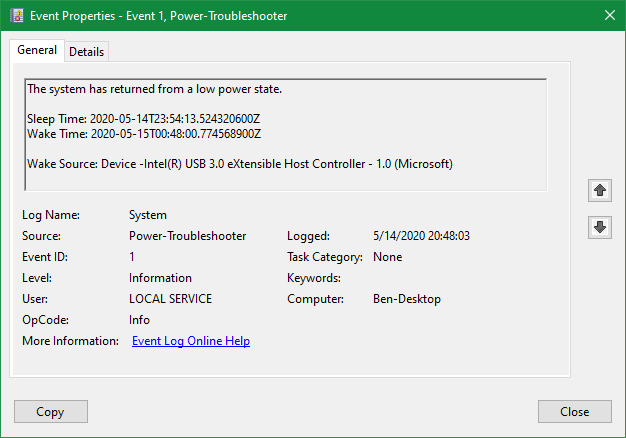 Windows Power Event Log Info
