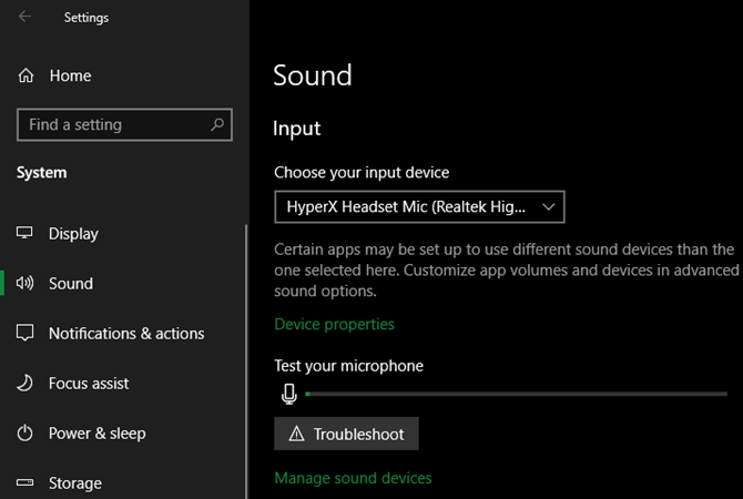 Windows Sound Input Settings